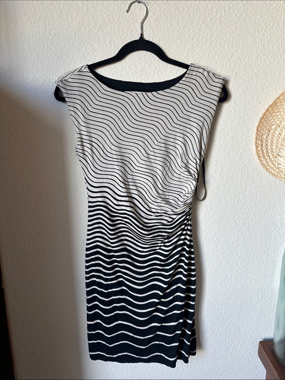 LOFT Black and White Wave-Print Midi Dress